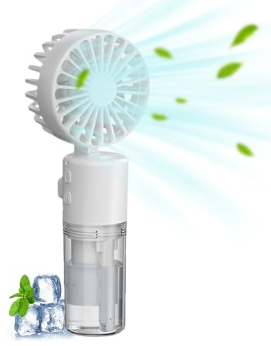 Portable Hand Fan with Mist Spray - Handheld Misting Fan - Mini Handheld Fan with Transparent Tank Water Replenisher - Foldable Hand Held Fans Standing Up - Ultra Quiet Lightweight for Travel (White)