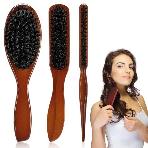 BNGXR Brosse à Cheveux de poils de Sanglier Naturel,Brosse à cheveux en poils de sanglier pour femme homme et enfant à démêler et coiffer,Antistatique Professionnelle Réduisant la Casse des Cheveux