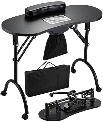 Faquenc Nail Table with Nail Dust Collector, Portable Nail Desk Rolling Manicure Table for Nail Tech Travel Nail Station Professional Foldable Nail Salon Table with Cacuum,Arm Rest,Lockable Wheels,Bag