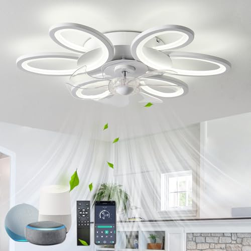 Flower Ceiling Fan Lights with Remote Control, LED Dimmable Silent Ceiling Light with Fan, DC 6 Speed Ceiling Fans with Lamps Google Assistant/Alexa for Bedroom Living Room, White