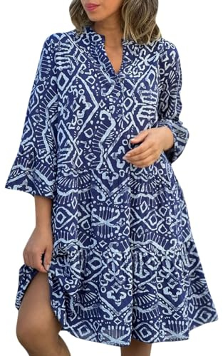 Ansenesna Tunika Kleid Damen Sommer Kurz Musselin Blusenkleid Damen Elegant Dreiviertelarm Sommerkleid mit Knopfleiste Volant Sommerkleider Damen Leicht Und Luftig V Ausschnitt Volantkleider