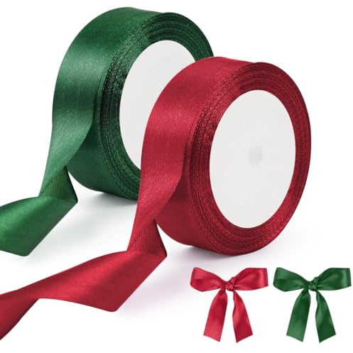 Geschenkband Weihnachten Rot Grün, 44M Schleifenband Weihnachten 2.5CM, Dekoband Weihnachten Rot Dunkelgrün, Weihnachtsbänder Satinband für Geschenkverpackung Weihnachtsdeko Hochzeit Basteln