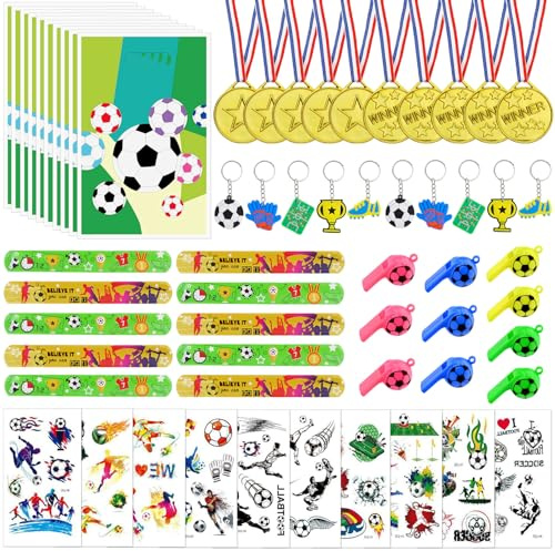 Delsen 60 Stück Fußball Party Mitgebsel Kinder,Mitgebsel Kindergeburtstag Fussball, Geschenk Taschen,Schnapparmband,Pfeifen,Tattoo,Medaille,Fussball Give Aways Kindergeburtstag für Junge Mädchen