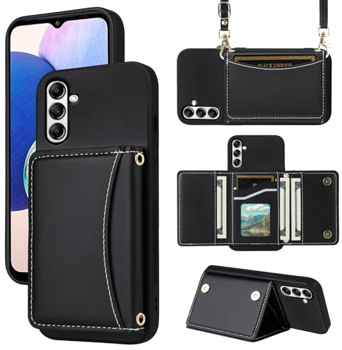 Furiet Wallet Case for Samsung Galaxy A05s/A05 with Crossbody Strap Premium PU Leather Card Holder Shockproof Heavy Duty Full Body Accessories Cell Phone Cover for Ao5s Ao5 A 05s 05 Women Men Black