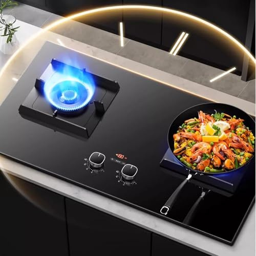 Stufa Gas Doppio - Vetro Temperato Fornelli A Gas, Cucine a gas con accensione elettronica a impulsi da tavolo e da incasso, fornello a gas temporizzato intelligente da 180 minuti(NG(12T)-5.0Kw)
