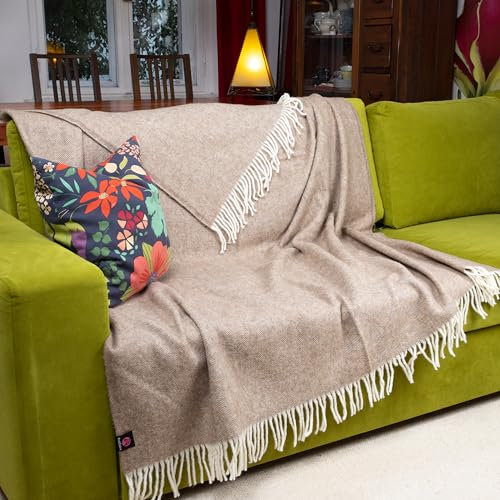 PinkZebra Sehr Warme Sehr Dicke 500 g/m² Merinowolle Decke ca. 160 x 200 cm, aus 100% Reiner natürlicher Neuseeland Wolle, Tagesdecke, Kuscheldecke, hochwertige Decke, weiche Wohndecke, Karamell