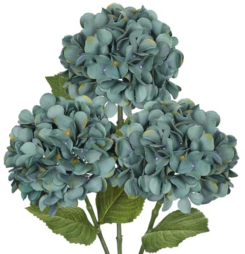 Hollyone 3er Set Hortensie Kunstblumen Blau, Ø 17cm Hortensienblüten Künstlich Seidenblumen Wie Echt Hortensien Deko Blumen für Hochzeit, Haus, Büro, Mittelstücke, Blumenarrangements
