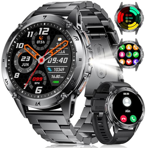 SUNKTA Smart Watch for Men with Flashlight/530mAh Battery, 1.43'' AMOLED Smartwatch for Android iOS, Military Sport Watch with Bluetooth Call Health Monitor IP68 Waterproof Fitness Tracker, Black