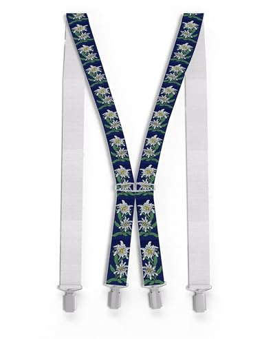 Zukunftsenkel Hosenträger mit Edelweiß-Muster, 3,5cm Breit, X-Form, Edelweiß 4 Starke Clips Herren Damen Skihose Arbeitshose Verstellbar, Elastisch Fasnacht H-Form
