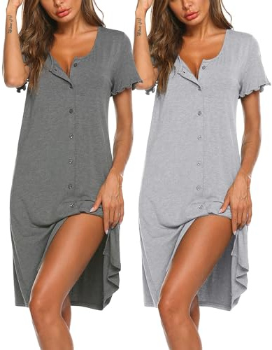 Ekouaer 2er Nachthemd Damen Kurzarm Knöpfen Schlafshirt Kurz Sleepshirt Knopfleiste Nachtwäsche, Grau + Hellgrau S