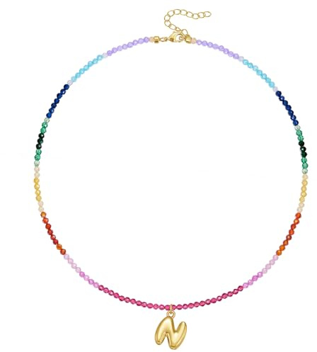 KissYan Beaded Initial Necklace for Women, 14K Gold Plated Bubble Bead Letter Pendant Rainbow Choker Colorful Summer Beach Jewelry(Gold N)