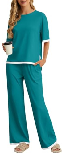 PrinStory Pyjamas för kvinnor, kortärmad pyjamasöverdel långa pyjamasbyxor tvådelad, Smaragdblå, M