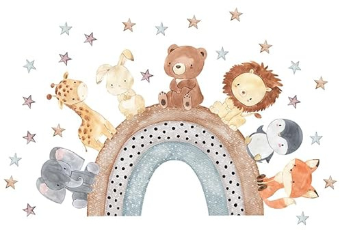 Kibi - Adhesivo de pared para niños con arcoíris y animales del bosque, decoración de habitación infantil, pegatinas murales para dormitorio