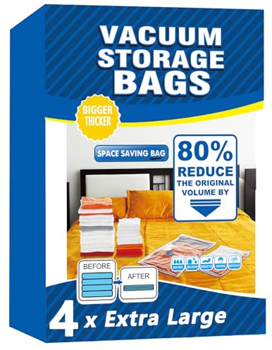 Vacuum Storage Bags - 4 Pack Extra Large (100X130cm) Space Saver Sealer Compression Bags, Reusable Vacuum Bags for Storage Clothes, Duvets, Bedding, Quilts, Pillows, Blankets, Travel