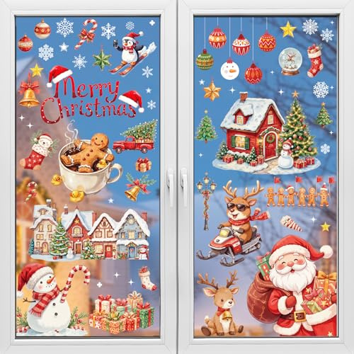 Joyoldelf 9 Blätter Weihnachten Fensterbilder - Rentier Selbstklebend Doppelseitig Bedruckt Weihnachts Fenstersticker, Geeignet für Winter Weihnachts Fenster Deko
