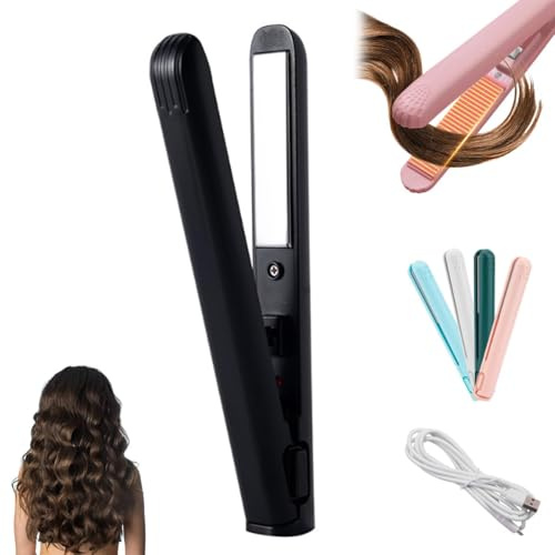 Tragbarer USB Lockenstab, Mini Lockenstab, Mit Heißschutzgehäuse, Tragbarer Reise Haarglätter Für Alle Haartypen,Haarglätter,Für Kurze Haare (Schwarz)