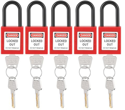 HISUEKIG Lockout Lockout 5 Imposta il Lucchetto di Sicurezza della Polvere in Nylon 38 Mm con Etichetta di Avvertimento, Conservazione a Chiave Leggera per il Sito Industriale, Adatto a (rosso)