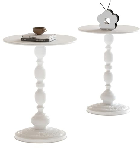 Amveya 2er Set Runde Beistelltische, Metall Beistelltisch in Weiß, Kleiner Tisch für Wohnzimmer, Schlafzimmer, Balkon, Garten, Nachttisch für Nachttisch, Sofa, 40 * 40 * 53 cm, 2 Stück