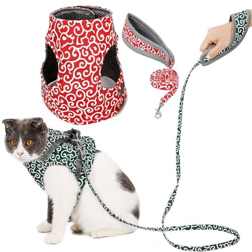 Katzengeschirr und Leine, ausbruchsicher, bruchsicher, Brustgurt, Katzenkleidung, atmungsaktiv, einfache Kontrolle, weich, verstellbar, für Katzen, Kätzchen, kleine Hunde, Rot, Größe XL