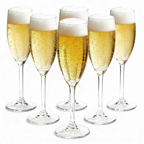Taylor & Brown Reusable 6 Pack Clear Plastic Champagne Flute Glasses with Stem - 170ml Transparent Unbreakable Glasses Tumblers Drinks Cups Durable Reusable