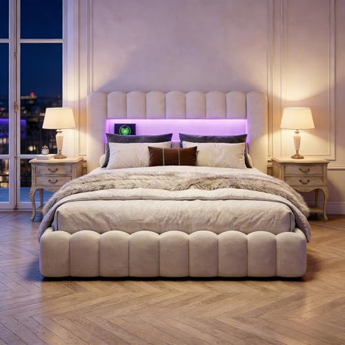 BRYXR Polsterbett 140x200, Bubble Bett mit Hydraulischem Stauraum, USB-Ladefunktion und LED-Beleuchtung, Doppelbett Bettgestell (Beige Leinen, Ohne Matratze)