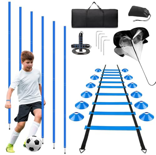Zinueen Set di accessori per allenamento da calcio, 6 aste per slalom, scala di coordinazione, 6 m, 12 cappelli, corda per saltare e paracadute per allenamento di coordinazione