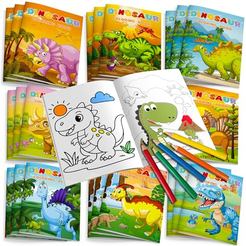 24 Pezzi Mini Libri da Colorare Dinosauri con 12 Matite Colorate,Set Libri da Colorare Gadget Compleanno Dinosauro, Regali Festa Party Favor Dinosauri