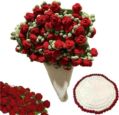Handgehäkelte Blumenstrauß-Kuscheldecke – Fertige Blumendecke, 3D-gestrickte Rosen-Blütendecke, die sich zu einer Blume falten lässt, weiches, romantisches Valentinstagsgeschenk für Sie (60cm)