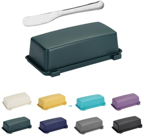 Mantequillera con tapa y cuchillo de acero inoxidable, recipiente de mantequilla de cocina apto para lavavajillas para decoración del hogar y regalo ideal de cocina (verde)