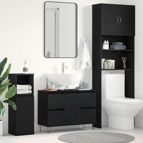 FWIKDUN Mobile lavabo in legno per interni con forcine industriali e porta effetto rovere nero come armadio da bagno con superficie liscia