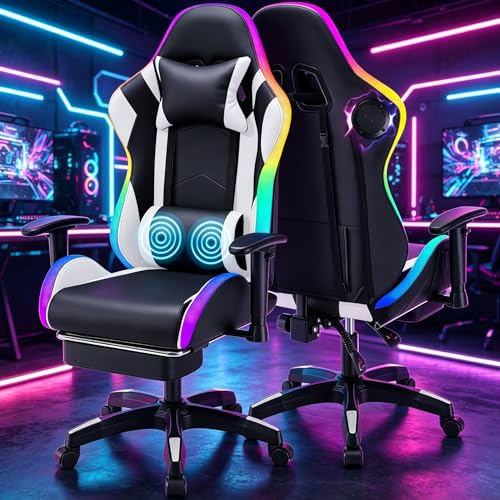 Warmiehomy RGB Gaming Chair with LED Lights and Bluetooth Speakers, Ergonomic Reclining Gaming Chair for Adults with Footrest,Video Game Chair with Adjustable 2D Armrests and Massage, High Back, White
