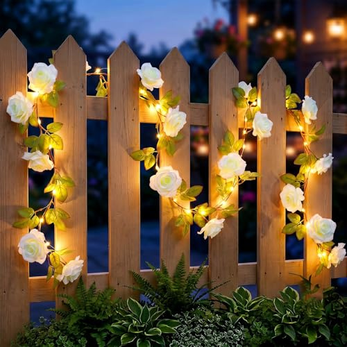 String Lights Indoor 40LED 2.2m Fake White Rose Fairy Lights Battery Operated, Artificial Flower Ivy Garland, LED Ivy Vine String Lights Waterproof Decoration for Room Garden Balcony Wedding Party