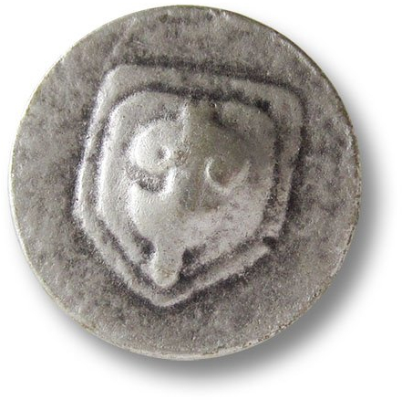 Knopfparadies - 5er Set Flache alt wirkende altsilberfarbene Metallknöpfe wie aus dem Mittelalter mit gewölbten Wappen Motiv mit Abstrakter Lilie/Altsilberfarben geschwärzt/Metall Knöpfe/Ø ca. 21mm