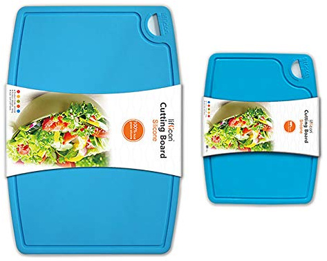 Liflicon Thick Silicone Cutting Boards for Kitchen Silicone Chopping Boards/Mats Set of 2 Extra Large14.6''x10.43'', Mini 9.1”x7.1” Non-slip Deep Drip Juice Groove, Dishwasher Safe-Blue