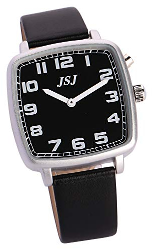 VISIONU Quadratische Deutsch Sprechende Armbanduhr mit Weckerunktion, Sprachfunktion Uhrzeit und Datum, Schwarz - Ziffernblatt, Schwarz Lederarmband TGSW-1711G
