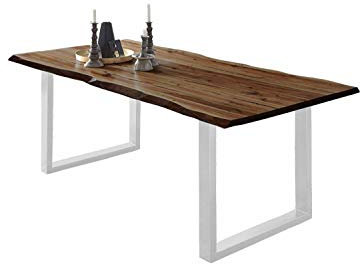 SAM Esszimmertisch 200x100 cm ULM, Baumkantentisch nussbaumfarben, Akazienholz massiv, U-Gestell aus Metall weiß