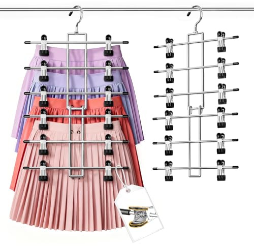 DAMITA Kleiderbügel platzsparend mit klammern – 6-stöckige Hosenbügel Klemmbügel mit 360° Haken – Rockbügel & Kleiderbügel für Röcke und Hosen – Metall, rutschfest, stabile Edelstahlhaken 1er-Pack