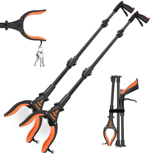 2-Pack Grabber Reacher Tool, 32 Grabbers for Elderly, Trash Picker Grabber with Light, Extended Claw Reacher Tool, Foldable Pick Up Grab Tool, Magnetic Sticks Grippers for Reaching (Orange)