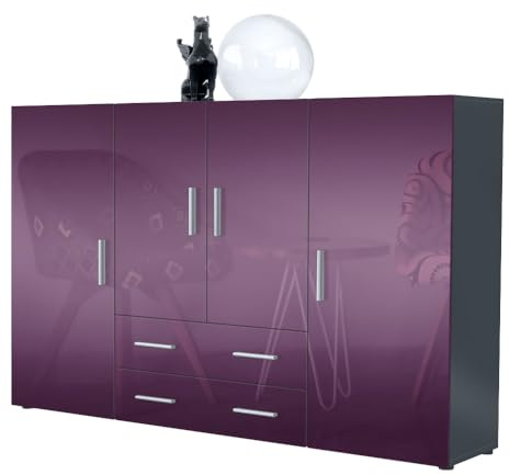 Vladon Highboard Nora Anrichte mit 2 Schubladen und 4 Türen mit insgesamt 8 Fächer dahinter, Anthrazit matt/Brombeer Hochglanz (166,5 x 106,5 x 35 cm)