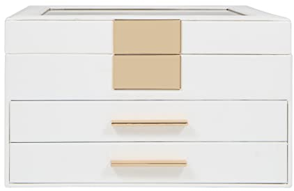 Schmuckkästchen mit Durchsichtigem Deckel Schmuckkasten mit 3 Ebenen, Schmuckbox mit 2 Schubladen, Schmuckaufbewahrung, Geschenk für Ihre Liebsten,muttertag geschenk (Weiß)