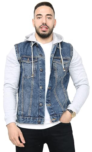 NOROZE Veste en jean pour homme avec manches en polaire et capuche amovible, bleu jean, M A1702-11