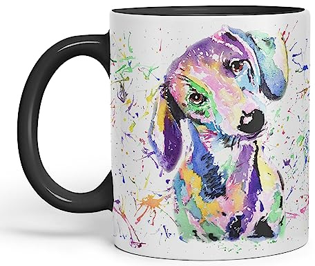 Vixar Taza de colores con diseño de perro salchicha, salchicha, salchicha, tejón, acuarela, arcoíris, arte, regalo de cumpleaños, trabajo, oficina, Navidad, té, café (negro)