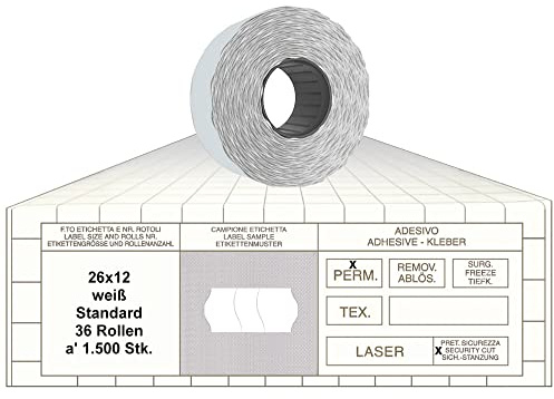 Preisauszeichner Etiketten 26x12 mit Sicherheitsstanzung weiß 36 Rollen permanent Preisetiketten für Smart Printex Tovel Contact Meto Blitz