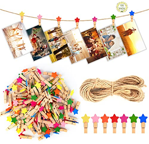Bubuyun 100 Stück Mini Holzklammern Sternen Wäscheklammer 4cm Klein Wäscheklammer Holz Rostfrei FotoKlammern Bunt Deko Klammern Zierklammern mit 10m Natur Juteschnur für Hochzeit Party Fotohalter Deko