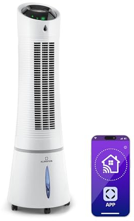 Klarstein rafraîchisseur d'air, ventilateur, humidificateur & ioniseur, Réservoir d'eau 6 L, oscillation, 30 W, 210 m³/h, minuterie, climatiseur mobile, blanc, smart