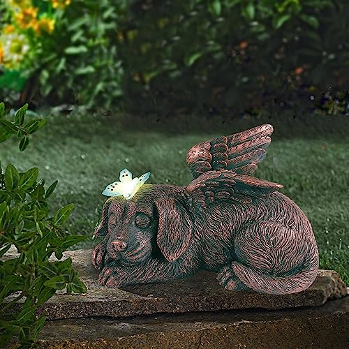 Yeomoo Chien Ange avec Papillon Lumineux Pet Statue Commémorative Décoration de Jardin, Solaire Ornement Extérieur Statue de Chien Commémorative pour la Maison,Le Patio,la Cour