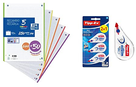 Oxford Hojas Cuadriculadas A4 Perforadas, Recambio Archivador, 250 Hojas, Cuadrícula 5x5 + Tipp-Ex Cinta Correctora Mini Pocket Mouse – Óptimo para Material Escolar - 6 m x 5 mm, Pack de 2+1