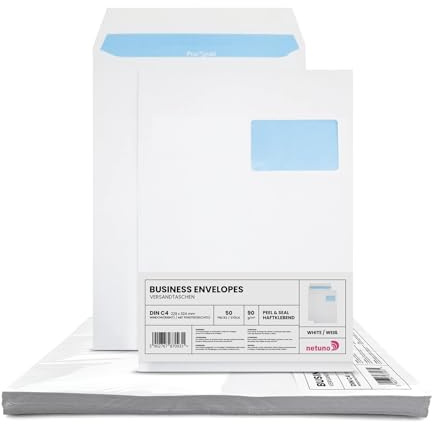 Netuno 50 Umschläge A4 Weiß DIN C4 mit Fenster rechts haftklebend 90g | 22,9 x 32,4 cm · große weiße Büroumschläge · für Großbrief, Maxibrief, Warensendung, Büro, Versand & Korrespondenz