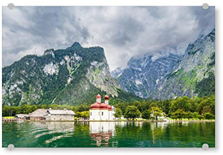 artboxONE Acrylglasbild 60x40 cm Natur See, Kirche, Berge Bild hinter Acrylglas - Bild königssee Baum Bayern