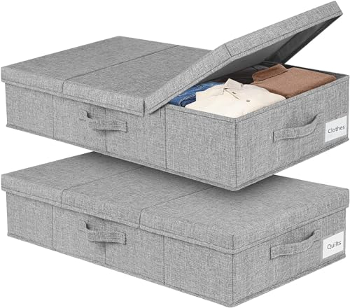 mepure 2 Pack 48L Underbed Storage, 79x40x15cm, Fabric Under Bed Storage Boxes with Lids, Large Foldable Clothes Storage Box W/Handle, Under Bed Storage Organiser for Clothes Blankets Shoes Toys, Grey